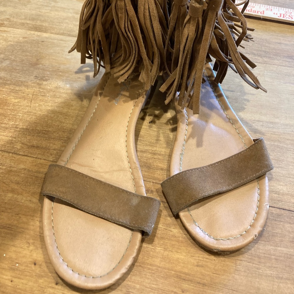 Leather fringe zip up ankle sandals